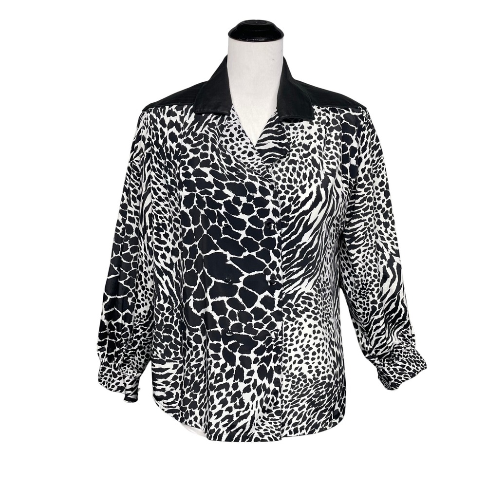 VTG 80s Jordan New York Blouse Women 7/8 Black Animal Print Faux Leather Trim